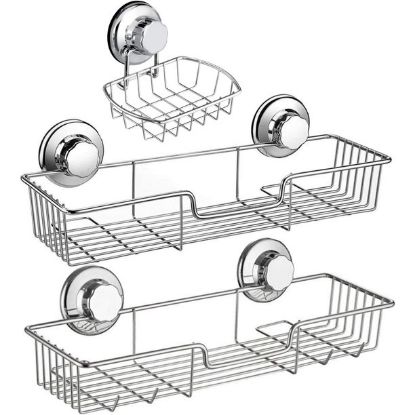 Suction Cup Shower Caddy Bath Wall Shelf + Soap Dish Holder for Large Shampoo Shower Gel Holder Bathroom Storage - Rustproof Stainless Steel