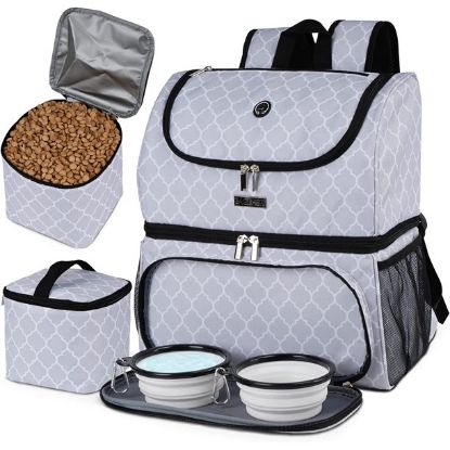 Pet Travel Bag, Double-Layer Pet Supplies Backpack (for All Pet Travel Supplies), Pet Travel Backpack with 2 Silicone Collapsible Bowls and 2 Food Baskets DLWhite